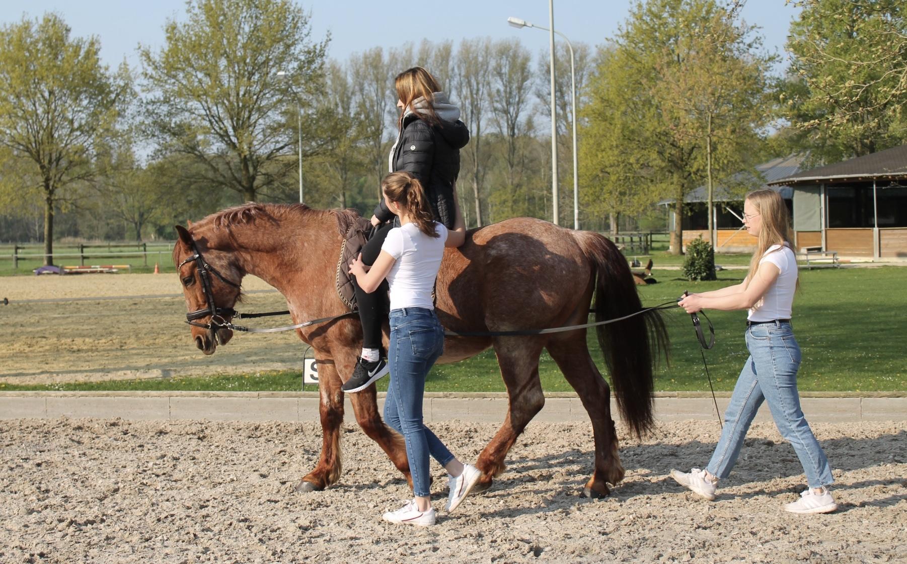 Kind auf einem Pferd während einer Reittherapiesitzung, begleitet von zwei Therapeuten.